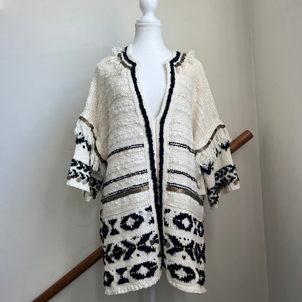 Anthropologie Oversized Fringe Poncho Knit Sweater Tunic Southwestern Charm NWT